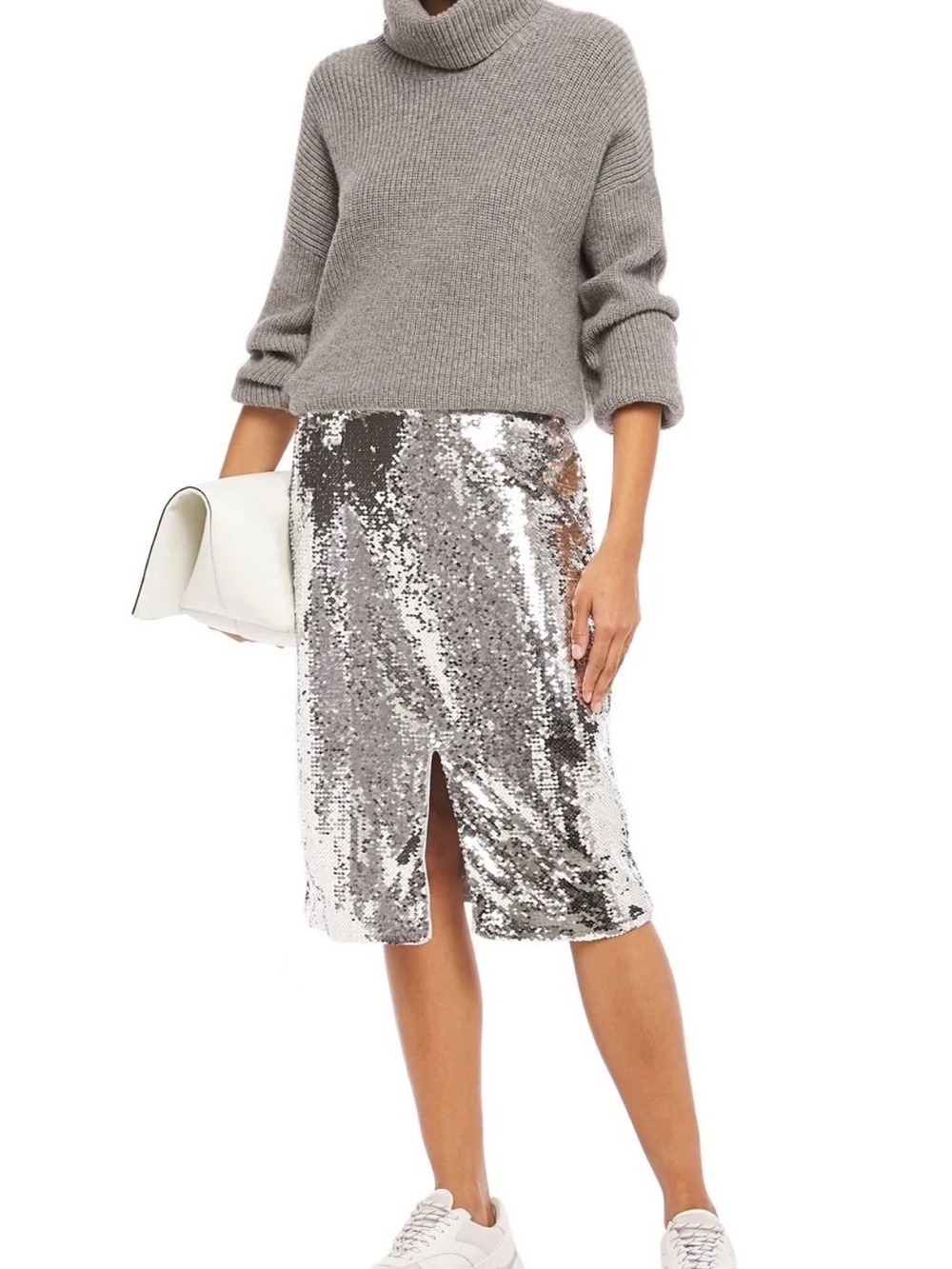 Ganni Silver Sequin Midi Skirt with Front Slit